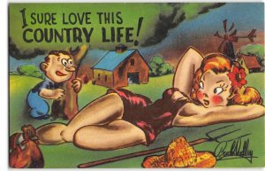 Love This Country Life Risque Comic Farmer Woman 1940s Bud Dudley Postcard