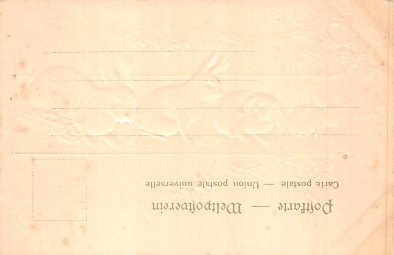 Easter Greetings Rabbits Flowers Tree embossed postcard C317