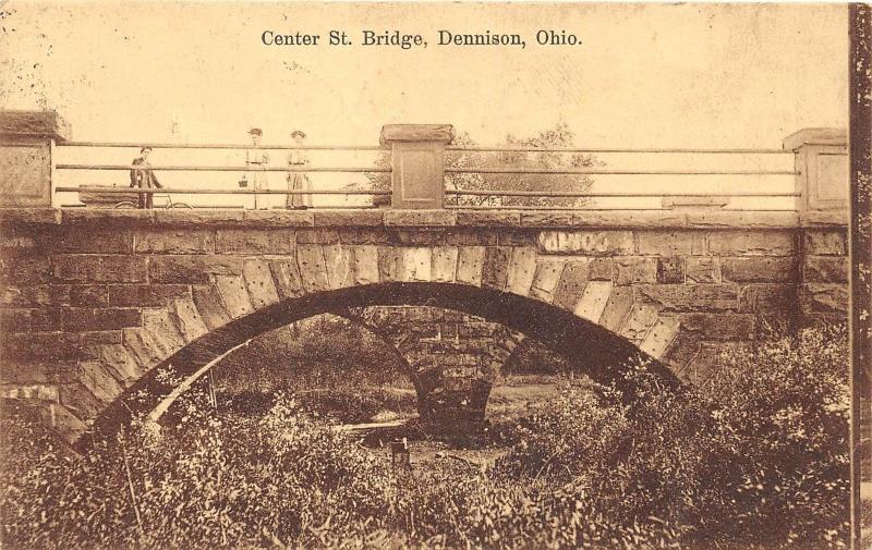 C65/ Dennison Ohio Postcard 1909 Center Street Bridge Stone Arch