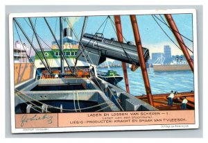 Vintage Liebig Trade Card - Dutch - 3 of The Unloading & Loading Ships Set