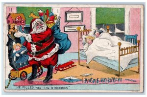 1908 Christmas Girls Sleeping Santa Claus Stockings Full Of Toys Posted Postcard 