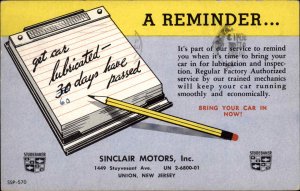 Union NJ Sinclair Motors Oil Change Reminder Advertising Postcard