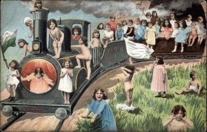 Fantasy Multiple Babies Children RR Train Fertility Bare Butts c1910 Postcard