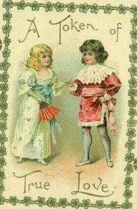 1880s Embossed Victorian Valentine Card Poem Boy & Girl Fan True Love *A