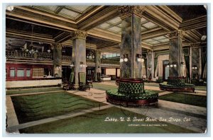 1912 Lobby US Grant Hotel Restaurant Interior Design Light San Diego CA Postcard 