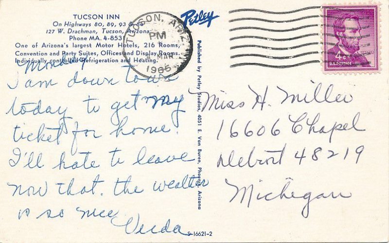 Tucson Inn Motor Hotel at Night - Tucson AZ, Arizona - pm 1965