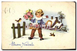 Old Postcard Buon Natale Child Horseshoe