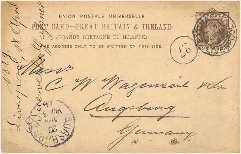 Entier Postal Stationery Postal Britain Great Britain in 1889 Liverpool to Au...