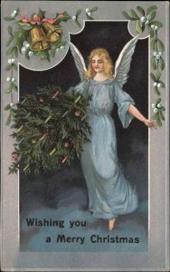 Christmas Beautiful Little Girl Angel with Tree c1910 Vintage Postcard