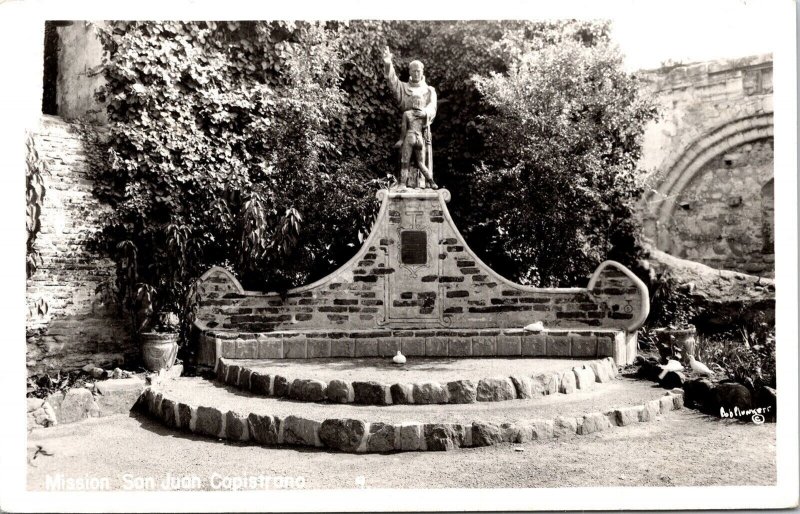 Black White Postcard Mission San Juan Capistrano Statue Doves Stone Steps Wall 