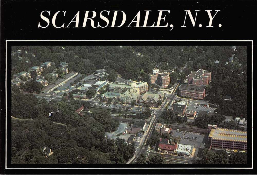 Scarsdale New York Aerial View Town and Train Station Vintage Postcard