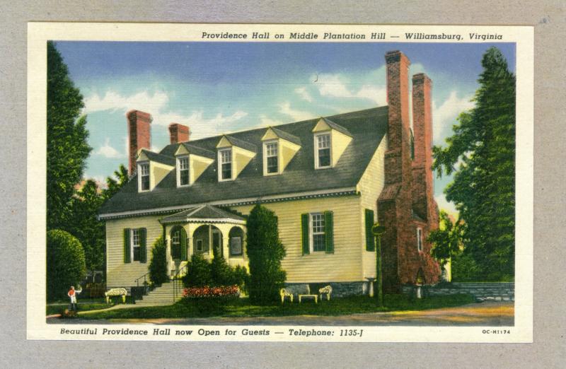 Providence Hall, Williamsburg, Virginia unused Curteich linen Postcard