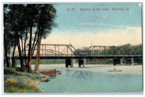 1915 Boating Cedar Exterior Bridge Canoe Boat Waterloo Iowa IA Vintage Postcard