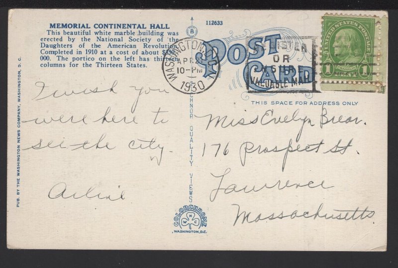 DC WASHINGTON Memorial Continental Hall, Marble Building pm1930 ~ WB