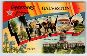 Greetings From Galveston Texas Large Big Letter Linen Postcard Beach Town 1953