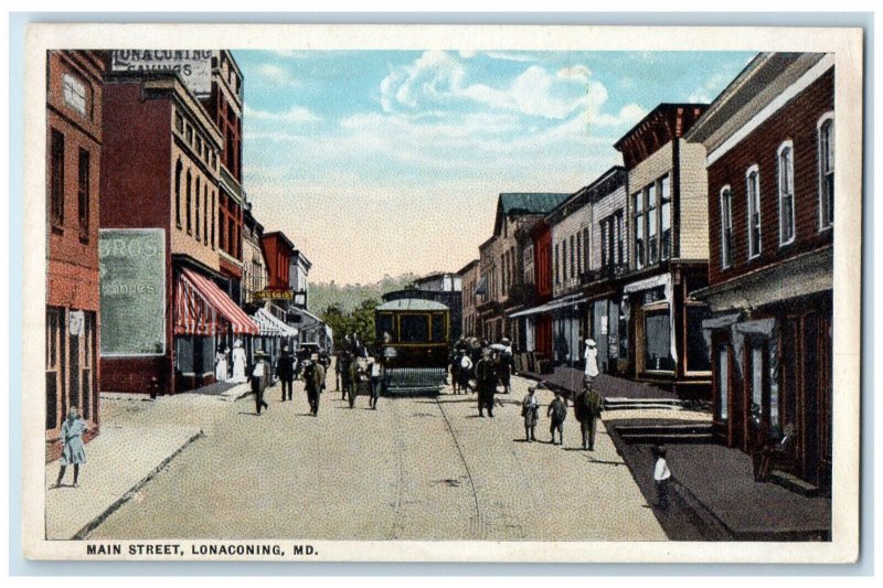 c1920's Trolley Car Business Section Main Street Lonaconing Maryland MD Postcard