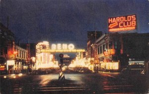 Night Street Scene RENO, NV Harold's Club Neon c1960s Vintage Postcard
