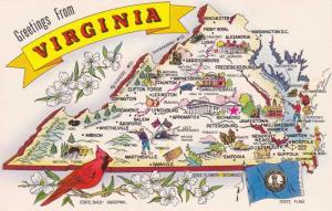 Greetings From Virginia - Map - State Bird Cardinal - Flag