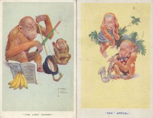 Monkey 2x Comic Music Saxophone War & 1920s Old Postcard s