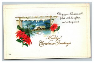 Vintage 1910's Christmas Postcard Snow Country Home Poinsettias Gold Lettering