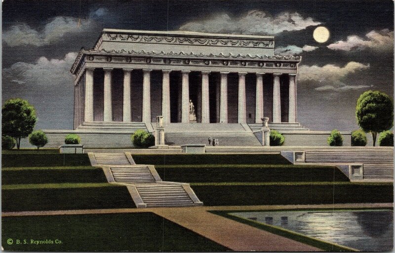 Lincoln Memorial Night View Washington DC Moonlight Linen Postcard VTG UNP