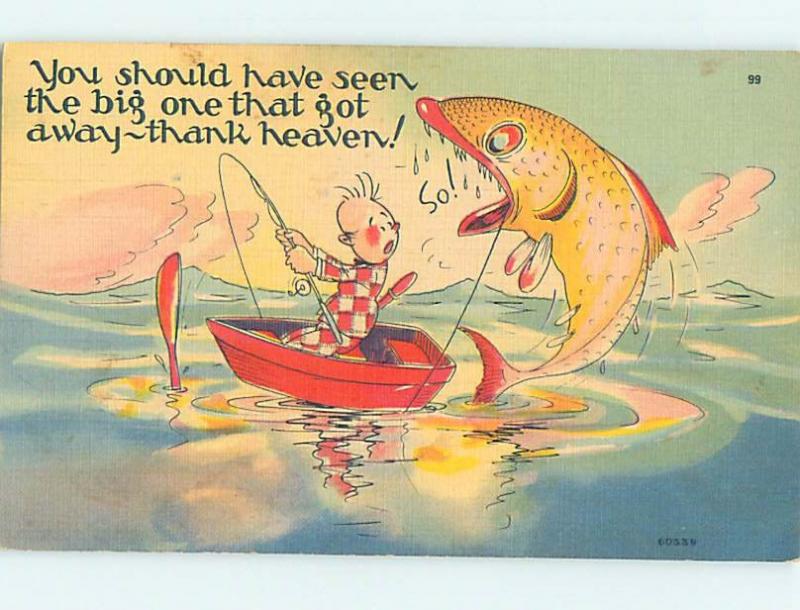 Linen comic exaggeration HUGE FISH JUMPS OUT OF THE WATER WHILE FISHING HL3449