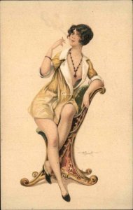 Sexy Woman Smoking Cigarette Shirt Open Semi Nude A. PENOT Postcard 28-2