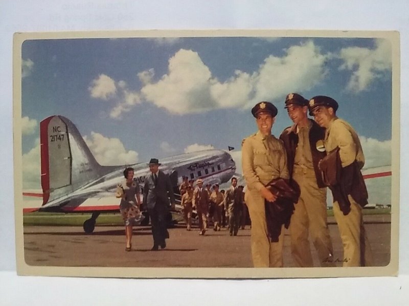 American Airlines pilots passengers deboarding bilingual advertising postcard