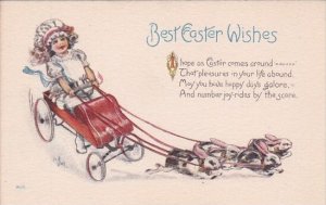 Embossed Easter Rabbits Pulling Young Girl In Wagon