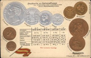 Spain Spanish Coin Currency Flag Embossed Coins c1910 Vintage Postcard