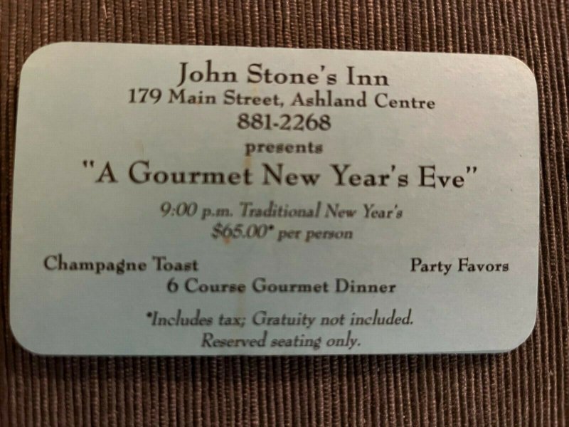 Gourmet New Year's Eve ticket  John Stone's Inn Ashland MA Blue