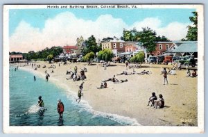 1934 COLONIAL BEACH VIRGINIA HOTELS OLD CARS SUNBATHERS TO MT AIRY MD POSTCARD