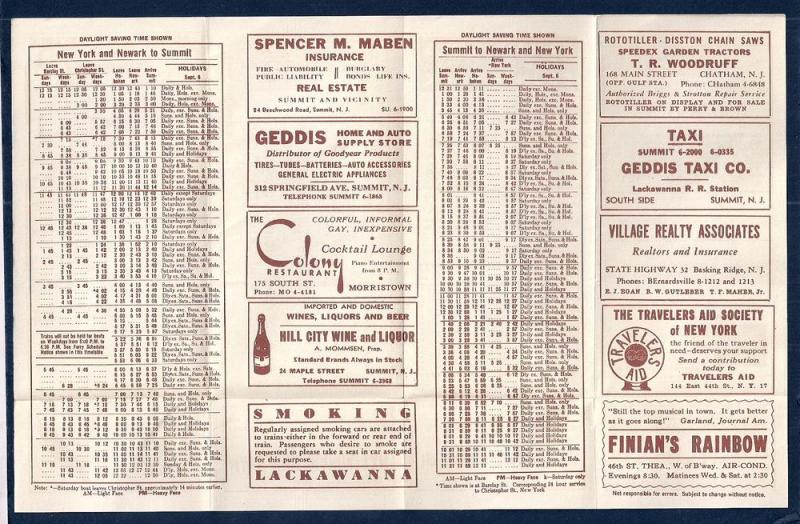 LACKAWANNA Railroad Timetable Newark NJ to Summit NY c1948