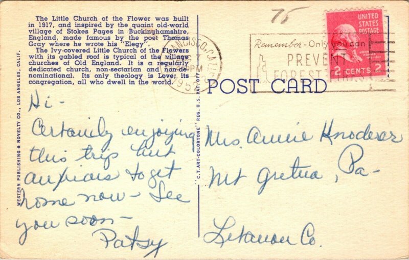 Glendale, CA Postcard FOREST LAWN MEMORIAL PARK Cemetery Little Church Linen