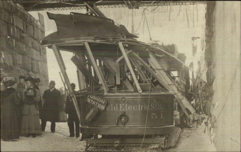 Pittsfield MA Wrecked Trolley Car People Close-Up c1910 Real Photo Postcard