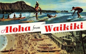 VINTAGE POSTCARD ALOHA FROM WAIKIKI HAWAII DUAL IMAGES c. 1957-1962