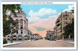 Great Falls Montana MT Postcard Central Avenue Buildings Road Classic Cars 1920