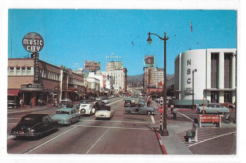 CA Hollywood Sunset Blvd and Vine Radio Center NBC Music City Cars Vntg Postcard