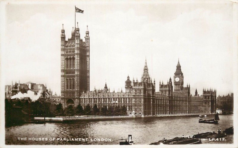 London Thames navigation & sailing tower Big Ben coal barge tugboat Parliament