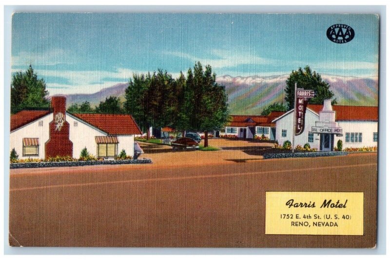 Reno Nevada NV Postcard Farris Motel Roadside View Building Trees c1940 Vintage