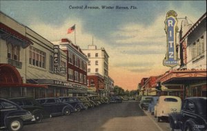 Winter Haven Florida FL Central Avenue Street Scene Linen Vintage Postcard