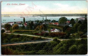 c1910s Hawaii Territory HI, Hilo Harbor Birds Eye Port Sailboat Bridge Card A187