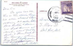 MV. BLUENOSE FERRY Interior Main Lounge BAR HARBOR, ME to Maine 1959  Postcard