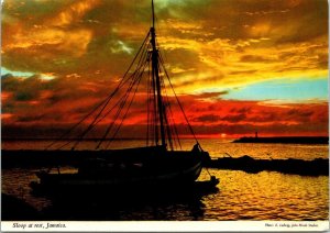 VINTAGE CONTINENTAL SIZE POSTCARD SLOOP VESSEL AT REST IN JAMAICA HARBOR