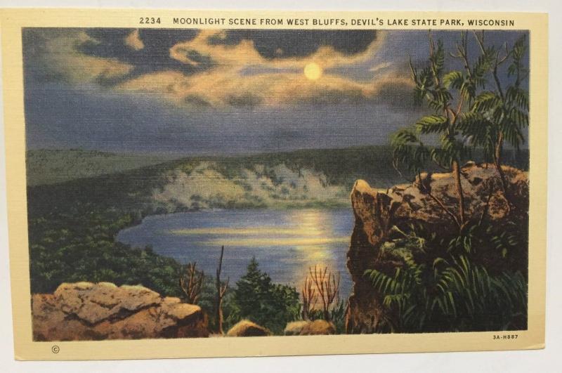 Postcard Moonlight Scene West Bluffs Devil's Lake State Park Wisconsin A3