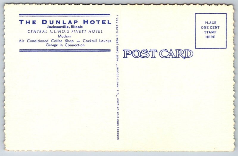 Jacksonville Illinois~Dunlap Hotel & State Map~Compass~Linen Postcard