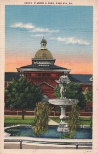 c.1940's Union Railroad Station & Park Fountain Augusta Ga. Postcard 2R4-498