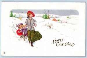 Christmas Postcard Woman Pulling Children Winter Scene Embossed Sacramento CA
