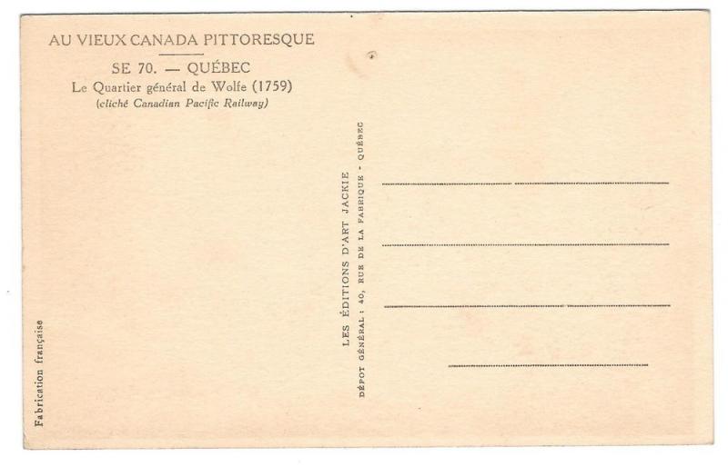 Canada Quebec Headquarters General Wolfe Vtg Jackie Postcard