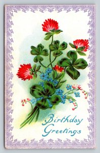 Red and Blue Flowers with Purple Border Birthday Greetings Vintage Postcard 1146